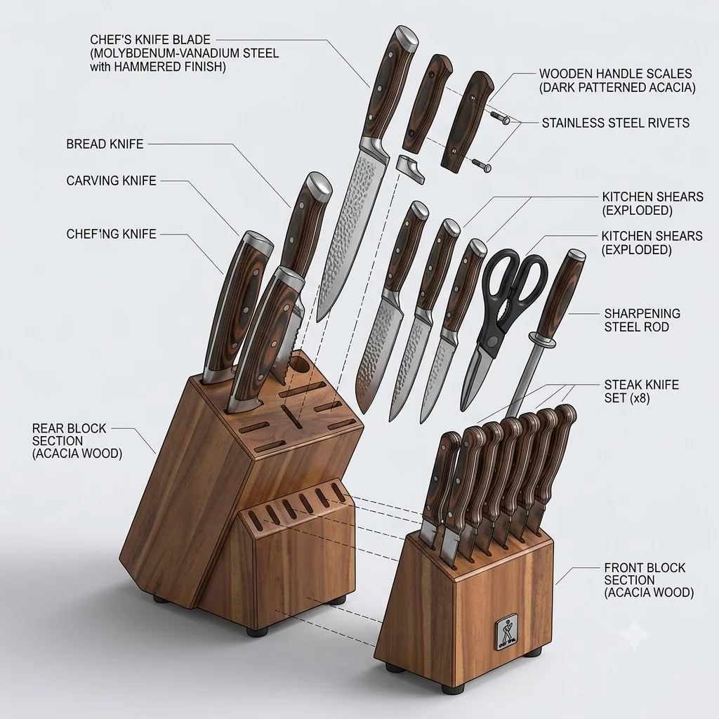 Premium 15-Piece Stainless Steel Kitchen Knife Set with Wooden Block image 5